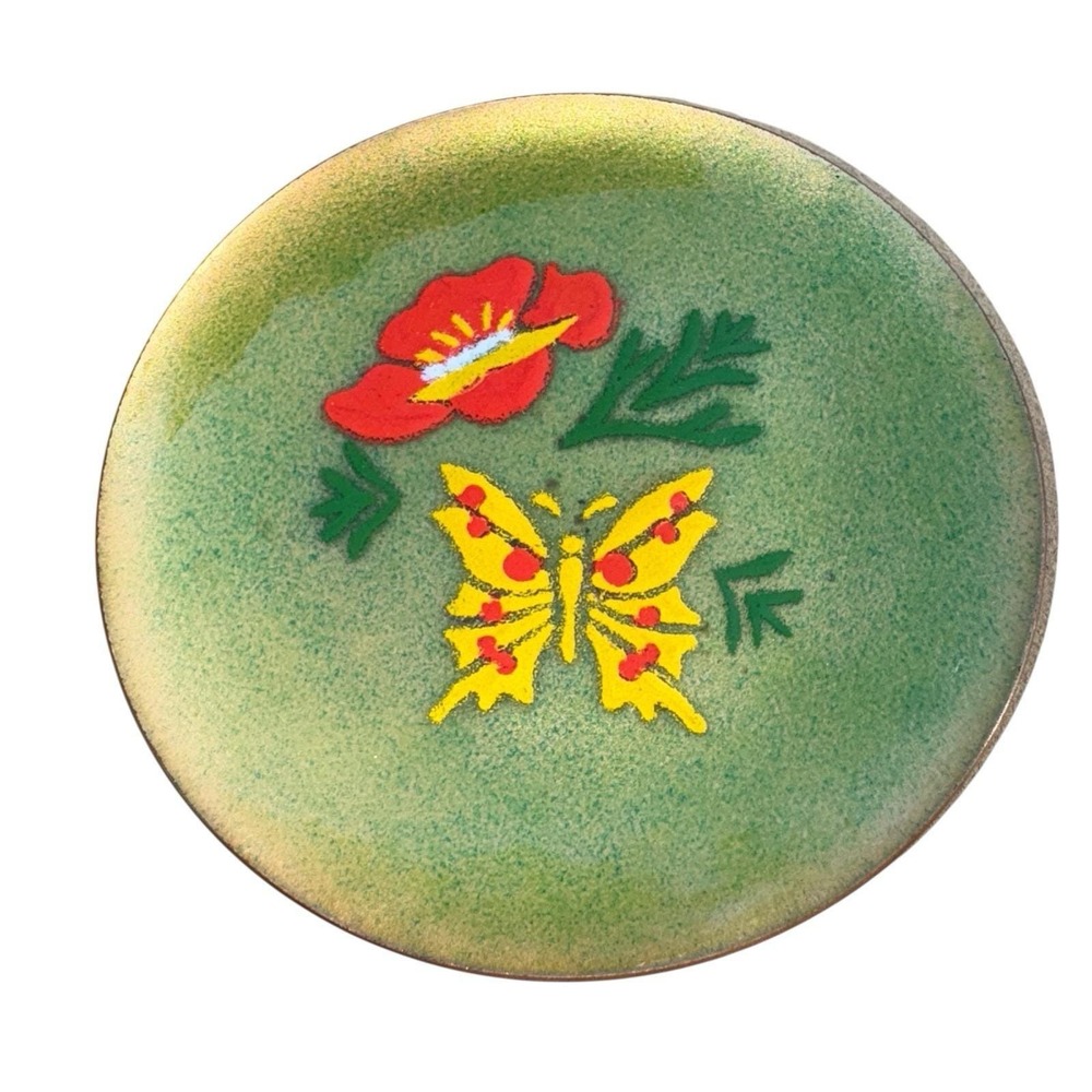 Annemarie Davidson MCM Enamel Copper Dish 4" Signed Butterfly Flower Art Bowl